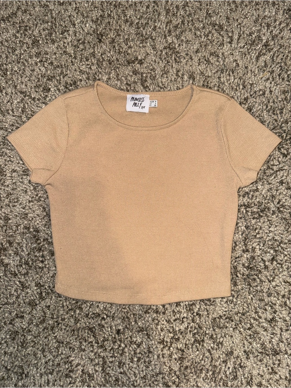 Princess Polly Tan Ribbed Short Sleeve Crop Top